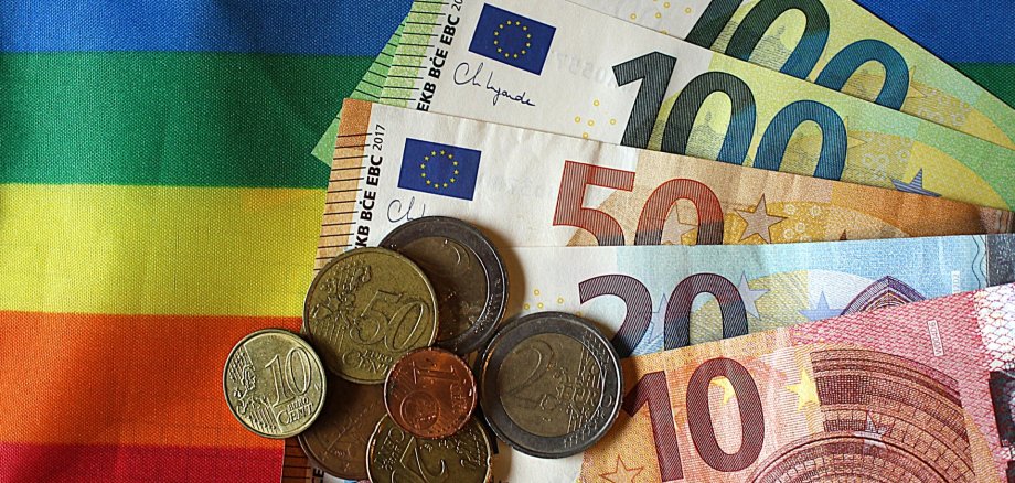 Geldscheine und Münzen liegen auf einer Regenbogenfahne