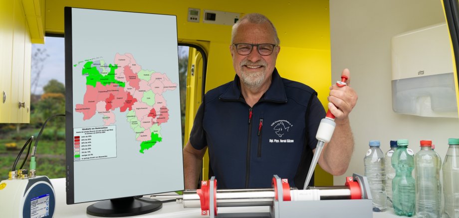 Harald Gülzow untersucht eine Brunnenwasserprobe im Labormobil