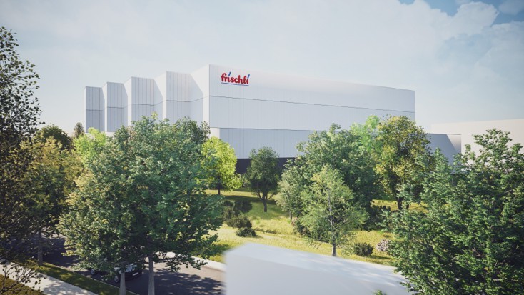 Eine Animation des neuen frischli Gebäudes eingebettet in eine begrünte Umgebung