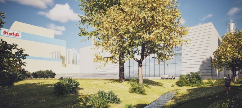 Eine visualisierte Grünfläche mit Baum auf dem Betriebsgelände der frischli Milchwerke