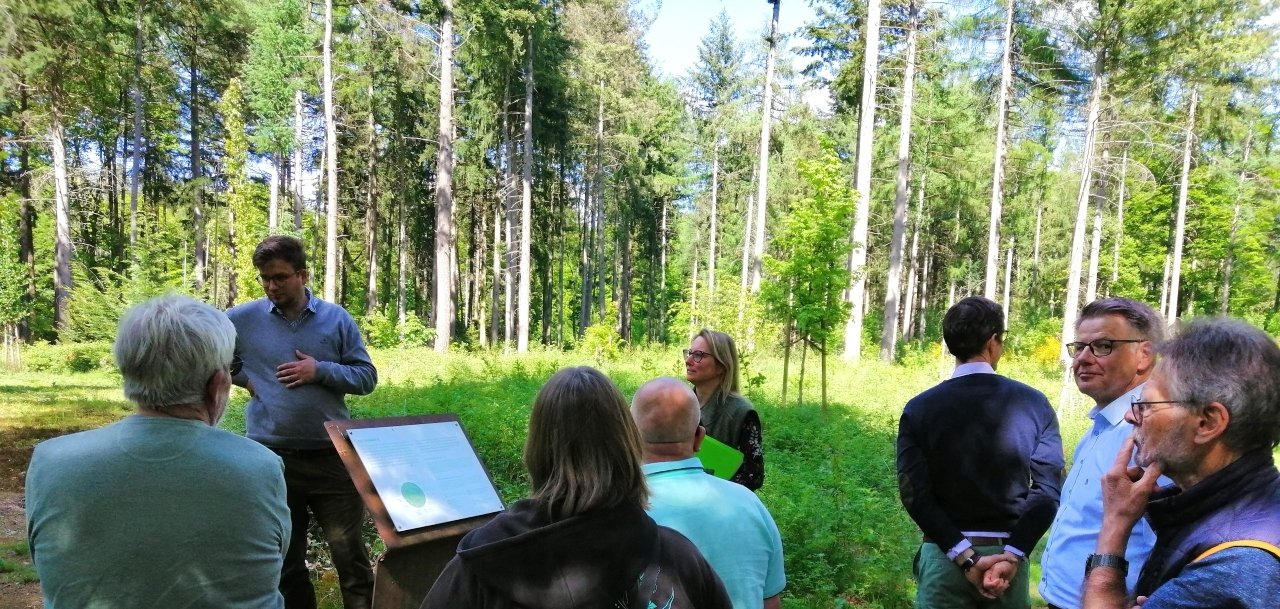 Ratsvertreter aus Rehburg-Loccum hören den Erläuterungen zum Waldfriedhof aufmerksam zu