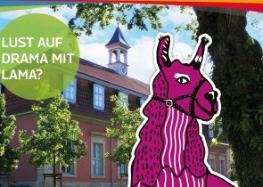 vor der Kulisse der Romantik Bad Rehburg steht ein gezeichnetes Lama