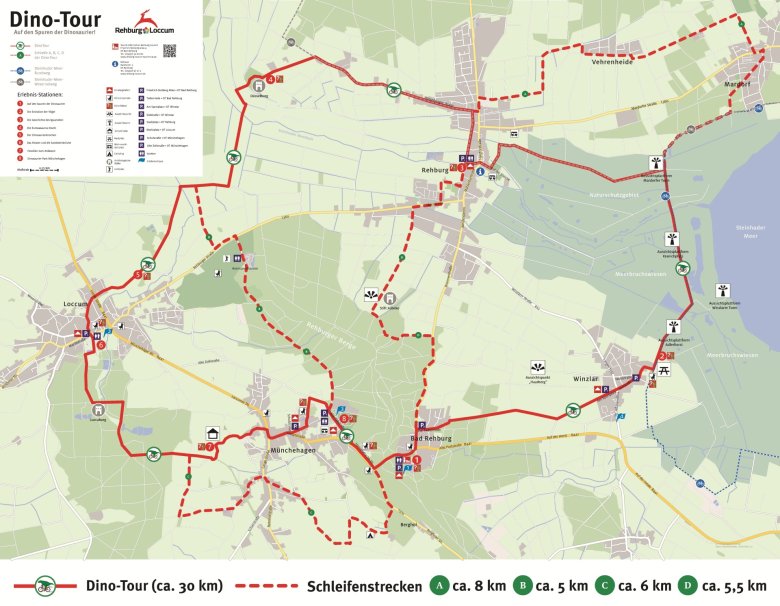 Hier sehen Sie den Streckenverlauf der Dino-Tour mit allen Ausweichstrecken und den Rätseltafeln. mit allen Ausweichstrecken und den Rätseltafeln.