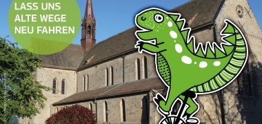 gezeichneter Dino vor dem Kloster Loccum