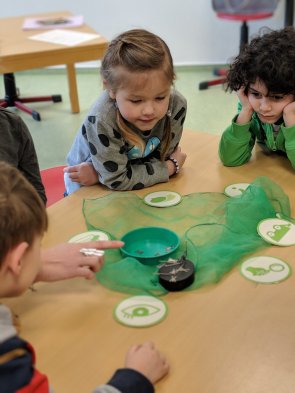 Forschung Drei Kinder beugen sich über eine Versuchsanordnung zum Thema Magnete