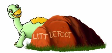 ein gezeichneter, lachender Saurier schaut hinter einem Felsen hervor, auf dem Littlefoot steht.