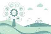 Die Zeichnung stellt einen stilisierten Baum dar, dessen Äste jeweils en Symbol für eine regenerative Energie darstellen. Im Hintergrund auf dem Hügel sind drei Häuser sichtbar.