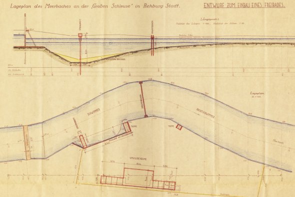 Der Entwurf von 1930 für die Badeanlage im Meerbach – samt Sprungbrett, Umkleidekabinen und Pissoir. Archiv BHV Der Entwurf von 1930 für die Badeanlage im Meerbach – samt Sprungbrett, Umkleidekabinen und Pissoir. Archiv BHV